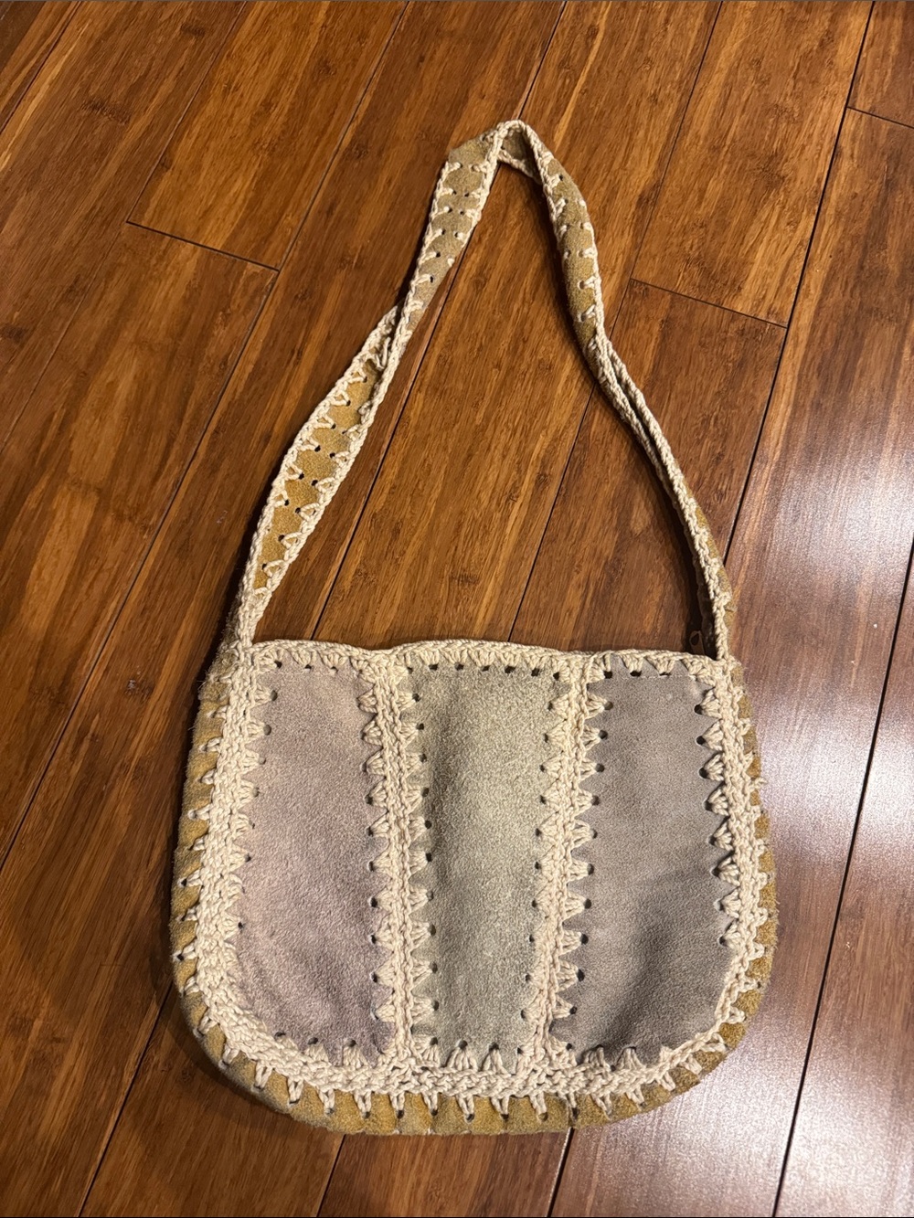 Boho Patchwork Suede Shoulder Bag in Beige and Taupe